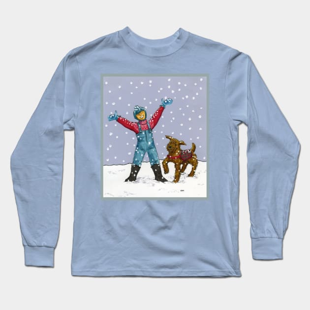 Boy and Dog in Snow Long Sleeve T-Shirt by katydidkay
